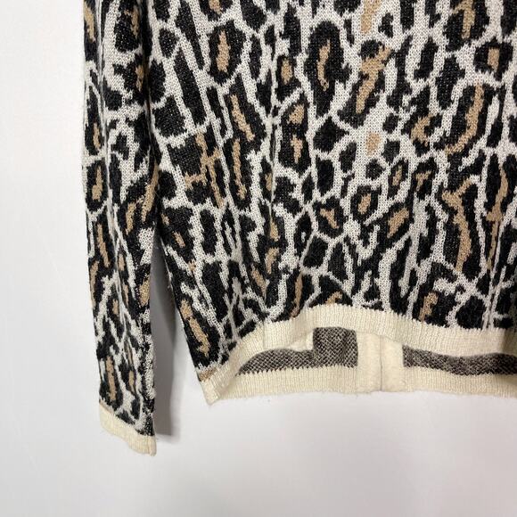 Joie Medium M Cream Black Leopard Print Wool Mohair Full Zip Sweater Animal Crew - Picture 7 of 9